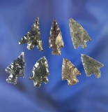 Set of seven assorted arrowheads, largest is 13/16