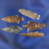 Set of five stemmed arrowheads, largest is 1 1/8