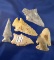 Set of five assorted Missouri arrowheads, largest is 2 3/8