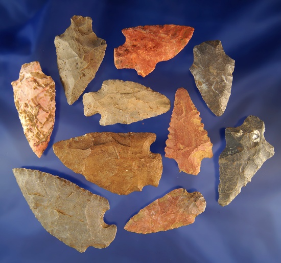 Set of 10 assorted arrowheads found in Alabama, largest is 2 7/8".