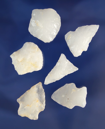 Group of seven artifacts flaked from quartz found in Virginia, largest is 1".