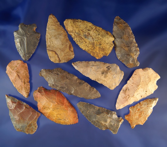Set of 12 assorted arrowheads found in Alabama, largest is 2 5/8".