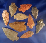 Set of 10 assorted arrowheads found in Alabama, largest is 2 7/8