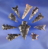 Nice set of 10 assorted Western U.S. arrowheads, largest is 1 5/16