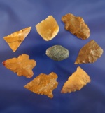 Set of six Jasper arrowheads and one Gunflint, largest is 1 1/4