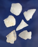 Group of seven artifacts flaked from quartz found in Virginia, largest is 1