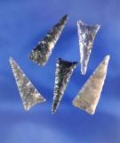 Nice set of five well flaked triangular arrowheads found in the southwestern U.S.