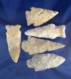 Set of five assorted Missouri arrowheads, largest is 3 3/16