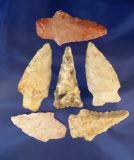 Set of six assorted arrowheads found in Missouri, largest is 2 5/8