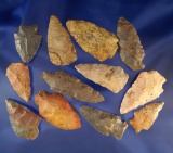 Set of 12 assorted arrowheads found in Alabama, largest is 2 5/8