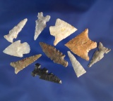 Set of 10 assorted southwestern U.S. arrowheads, largest is 1 and 5/16