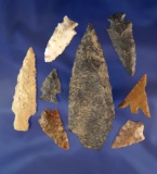 Set of eight assorted arrowheads and knives found near the Columbia River, Washington.