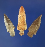 Set of three nice stemmed arrowheads, largest is 1 1/8