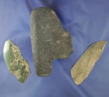 Three stone artifacts from Alaska including one piece of green ground Jade, two Ulu knives.