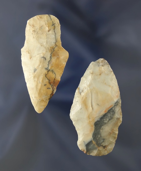 Pair of colorful Flint Ridge Flint Adena Points found in Hancock Co., Ohio. Largest is 2 5/16".