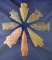 Set of eight assorted arrowheads found in Alabama in Tennessee, largest is 2 11/16