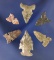 Set of six assorted arrowheads and Bird Points, largest is 1 3/16