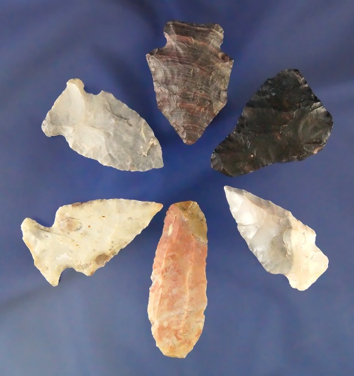 Set of six Flint Ridge Flint artifacts found in Ohio including a Nethers Flint Pentagonal..