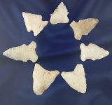 Set of seven assorted Quartz arrowheads found in Alabama, largest is 1 1/2