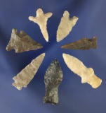 Set of seven assorted Bird Point arrowheads, Found by M. D. Lizman in the Panhandle; Texas.