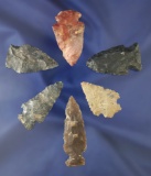 Set of six assorted Ohio arrowheads, largest is 2 1/4