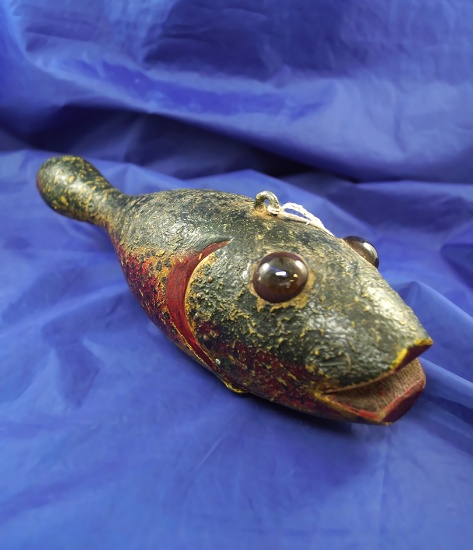 Very unique vintage 12 1/2" fishing decoy with glass eyes made from a bowling pin.