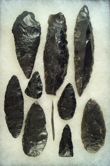 Excellent set of nine pre-Columbian Aztec Obsidian Blades and Knives found in Mexico.