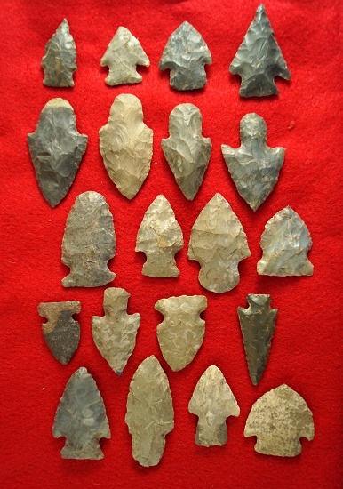 Excellent group of 20 assorted arrowheads found in southern Ohio and Northern Kentucky.
