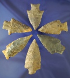 Set of six assorted arrowheads found in Alabama. Largest is 2 15/16