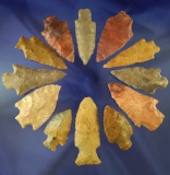 Large group of 12 assorted arrowheads found in Alabama, largest is 3 1/16