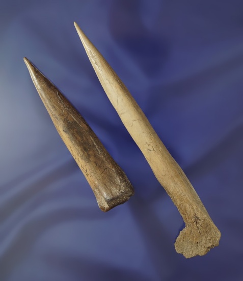 Pair of heavily patinated bone Awls in excellent condition, largest is 5 1/2". Found in Oregon.