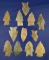 12 assorted Midwestern arrowheads, largest is 1 13/16