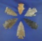 Set of six assorted Midwestern arrowheads and nice condition, largest is 1 7/8