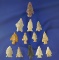 Large group of approximately 12 Midwestern arrowheads and Birdpoints, largest is 1 3/16