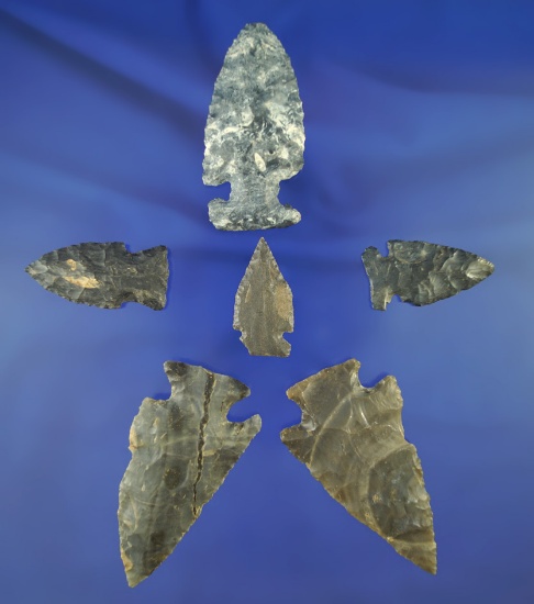Group of six nice Ohio arrowheads, largest is 2 7/8".