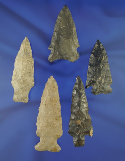 Set of five assorted Ohio arrowheads, largest is 3".