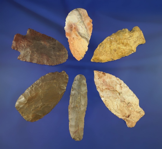 Group of six assorted Midwestern arrowheads, largest is 2 1/2".