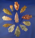 Group of 12 assorted Midwestern arrowheads, largest is 1 3/8