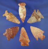 Set of six assorted Midwestern arrowheads, largest is 2 1/16