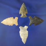 Set of four assorted Midwestern arrowheads in good condition, largest is 2