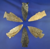 Set of six assorted arrowheads, largest is 2 9/16