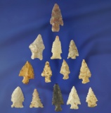 Large group of approximately 12 Midwestern arrowheads and Birdpoints, largest is 1 3/16