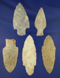 Set of five Adena culture arrowheads, largest is 3 5/16