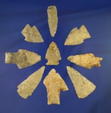 Set of nine assorted Midwestern arrowheads, largest is 2 1/4