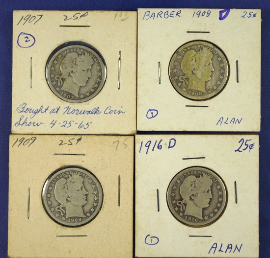 1907, 1908-D, 1909 and 1916-D Barber Quarters AG-G