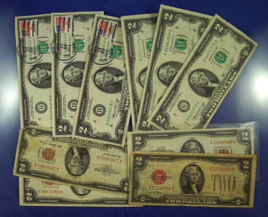 10 $2.00 Bills 3 1976 Notes Have Cancelation Stamps  AG-AU * See full description for details.