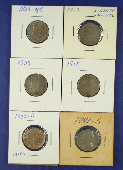 1883 No Cents, 1903,1909,1912 Liberty V Nickels 1938-D Buffalo Nickel & 1940-S Jefferson Nickel