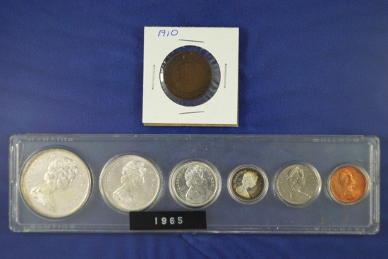 1910 Canadian Large Cent VF and Uncirculated 1965 Canadian Silver Year Set Cent-Dollar