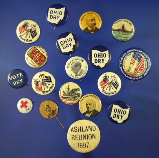 18 Early Pins Political, Advertising, Patriotic and Misc.