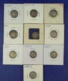 10 Mercury Dimes 1918-D,1920-D,1924-S,1927,1928-D,1930,1934-D,1936,1937-D &1938-S G-VF